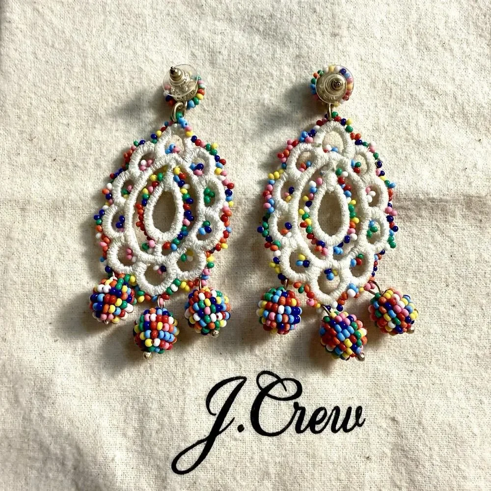 J.Crew Multicolored Glass Seed Bead Crochet Medallion Statement Dangle Earrings